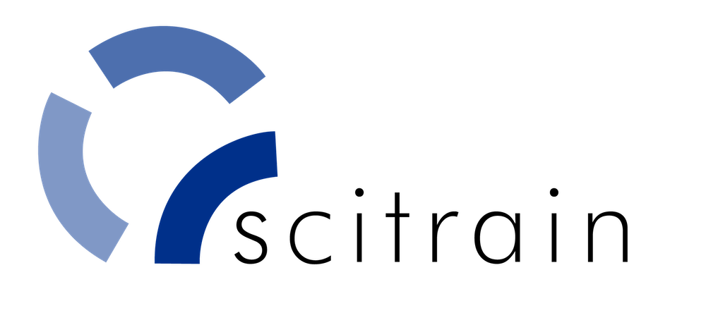 scitrain logo with three blue curved segments
